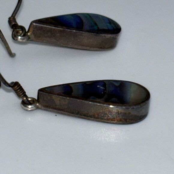 Vintage sajen silver & abalone rainbow dangle drop earrings - Picture 6 of 10